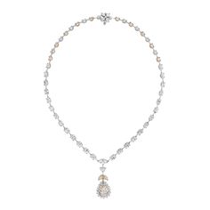 The Maira Diamond Necklace celebrates color diamonds. With a low color center that appears orangey pink in setting, the necklace showcases a pronounced string of solitaires that exude style and grace. Diamonds Shapes: Pear Shape, Marquise, Oval, Half Moon & Round Center Solitaire: 2.00 ct Pear Shape M Color SI2 Clarity (GIA 2181523463)Total Diamonds Weight: 19.26 ctDiamonds Color: G - H, PinkDiamonds Clarity: VS - SI (Very Slightly Included - Slightly Included) Metal: Platinum & Rose GoldSetting Luxury Solitaire Necklace With Pear-shaped Diamond Accents, Luxury White Diamond Cut Necklace, Luxury Pear-shaped Solitaire Necklace With Diamond Accents, Luxury White Pear-shaped Necklace, Formal Diamond Necklace With Briolette Pendant, White Bridal Necklace With Prong Setting, White Bridal Necklace With Prong Setting For Formal Occasions, Exquisite White Diamond Cut Necklace, White Briolette Diamond Necklace For Formal Occasions