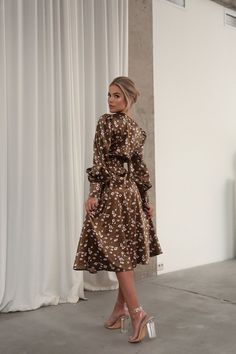 Puff Sleeve Midi Dress Brown – VICLAN Belted Stretch Dresses For Spring, Spring Stretch Belted Dresses, Fitted Floral Print Midi Dress For Work, Fitted Belted Brown Midi Dress, Fitted Brown Belted Midi Dress, Floral Print Stretch Long Sleeve Midi Dress, Stretch Floral Print Midi Dress For Date Night, Stretch Midi Dress With Floral Print For Date Night, Midi Dress Brown