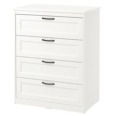 a white dresser with five drawers and black handles on the bottom drawer, against a white background