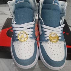 Around The Way Girl Denim Jordan Ones With Bamboo Earring At Least Two Pair With Box Never Worn Size 8 And 7 Cute Jordans For Women, Jordan 1s Outfit, Bamboo Earring, Cute Jordans, Jordan Ones, Bamboo Earrings, Jordan 1s, Womens Jordans, Denim Shoes