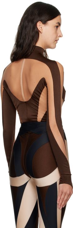 Semi-sheer stretch nylon jersey and tulle bodysuit. · Mock neck · Logo bonded at chest · Press-stud closure at bottom · Thumbhole at cuffs · Zip closure at back · Partial cotton jersey lining Supplier color: Choco Sheer Nylon Party Bodysuit, Sheer Nylon Bodysuit For Party, Party Nylon Bodysuit With Mesh Sleeves, Sheer Sleeve Nylon Bodysuit For Night Out, Party Bodysuit With Mesh Sleeves And Nylon Material, Party Bodysuit With Mesh Sleeves In Nylon, Nylon Bodysuit With Sheer Sleeves For Night Out, Chic Evening Polyamide Bodysuit, Chic Evening Bodysuit In Polyamide