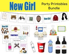 the new girl party printables bundle includes bottles, cupcakes and other items