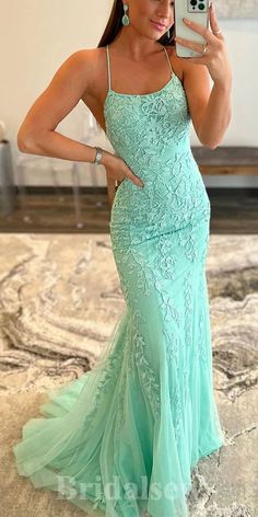 Charming Mint Green Lace Mermaid Spaghetti Straps New Popular Long Party Evening Prom Dresses PD975 Prom Dresses Long Blue, Mint Green Prom Dress, Backless Evening Dress, Green Prom, Lace Mermaid, Sophisticated Dress, Vestidos Prom, Mermaid Evening Dresses