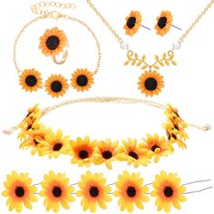 PRICES MAY VARY. Sunflower charm jewelry set: you will get 1 x sunflower pendant chain necklace with faux pearl decorations, 1 x sunflower charm bracelet, 1 pair of sunflower earrings, 1 x sunflower ring, 1 x sunflower boho headband wreath and 5 x sunflower hair clips, 10 pieces in total Sunflower theme: the women jewelry accessories are themed on sunflowers, symbolizing hope, energy and positive attitude to life, they are bright in color and full of sweet flavor, wearing them will make you more Sunflower Hair Clip, Sunflower Accessories, Sunflower Hair, Sunflower Headband, Sunflower Charm, Snowflake Jewelry, Handmade Elephant, Pearl Decorations, Sunflower Ring