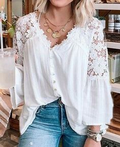 Top Seller for L New Boho White Lace V-Neck Button Front Top Blouse Vtg Insp Womens Size LARGE, Women's Clothing White Crochet Lace Top, Blouse Size Chart, Romantic Tops, Party Blouse, Patch Work Blouse, Crochet Lace Top, Flared Sleeves Top, Embroidery Top, Lace Button