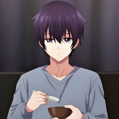 an anime character holding a bowl and spoon