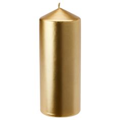 a gold colored candle is on a white background and it looks like the top of a cylinder