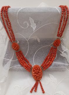 necklace 16-1 Elegant Carved Orange Jewelry, Elegant Orange Oval Beaded Jewelry, Elegant Orange Carved Jewelry, Elegant Multi-strand Red Coral Jewelry, Deep Orange, Natural Coral, Coral Necklace, Coral Beads, S K