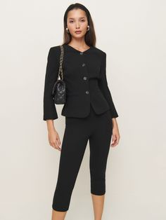 Buttoned up. Shop the Luc Jacket from Reformation, a collarless jacket with a slight V-neckline, button front, and tailored fit. Chic Single Breasted Pantsuit For Business Casual, Elegant Structured Outerwear For Office, Fitted Jacket Outfit, Chic Business Casual Pantsuit With Double Button Closure, Chic Business Casual Pantsuit With Double Button, Sleek Fall Business Casual Pantsuit, Tailored Office Chic Outerwear For Formal Occasions, Tailored Outerwear For Formal Office Chic Style, Tailored Office Chic Formal Outerwear