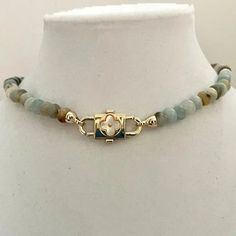 Hand Knotted Rondelle Amazonite Bead Necklace-Mother of Pearl Clover - Vanessadesigns4u Amazonite Necklace, Beautiful Gold Necklaces, 18k Gold Necklace, Clover Charm, Gold Necklaces, Gold Choker, Necklace Online, Classic Gold, Gold Chain Necklace