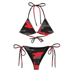 Stay comfortable and stylish all summer with this All-Over Print Recycled String Bikini set. It's made from soft recycled polyester with double-layering and UPF 50+. Style the straps how you like, and get ready to swim!  * Soft and stretchy material with UPF 50+ * Sizes up to 6XL * Bikini top comes with removable padding for comfort * Multiple ways to tie and style the bikini set * Color design options for swimwear lining Disclaimers:  * Due to the 2-layered construction and internal stitching, Adjustable Red Swimwear For Summer, Red Adjustable Swimwear For Summer, Red Adjustable Tie-side Swimwear Bottom, Casual Red Swimwear For Festivals, Camo Swimsuit, Beach Swimwear, Swimwear Sets, String Bikinis, Womens Swimwear