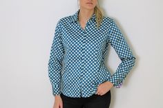 "Polka Dot Blouse Turquoise Big Dots Shirt MARIE LUND White Blue Doty Blouse Cotton Blouse Long  Sleeves   Medium to Large Brand: MARIE LUND Copenhagen Label size; 40 Measurements (taken laying flat): Bust (pit to pit) - 19\" / 48 cm Sleeve - 24,5\" / 62 cm Shoulders: 15\"/ 39 cm Length - 27\" / 68 cm Materials: 96% Cotton 4%Elastane Please check measurements to insure a proper fit. Remember to allow yourself some extra room for movement. You can compare these with something from your closet that fits you well. Condition: good Vintage Condition SHIPPING * I ship worldwide via Priority mail. * I ship from Europe, so please allow 2 to 4 weeks for the package to arrive if you live overseas. * Europe 5 - 10 business days." Fitted Polka Dot Button-up Blouse, Fitted Button-up Blouse With Polka Dot Pattern, Fitted Turquoise Long Sleeve Tops, Fitted Long Sleeve Polka Dot Blouse, Fitted Polka Dot Collared Shirt, Fitted Polka Dot Shirt For Work, Fitted Collared Blue Blouse, Polka Dot Cotton Blouse With Buttons, Turquoise Cotton Blouse