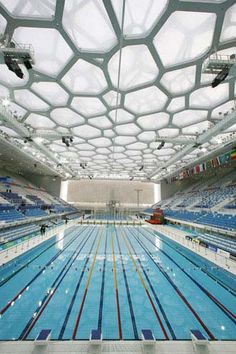 an indoor swimming pool with lots of people