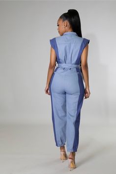 Non-stretch jumpsuit Collar Sleeveless Pockets Self tie belt Cuffed bottoms Button zipper closure 75% cotton 23% polyester 2% spandex Hand wash cold Inseam is 26 inches Model is wearing a small Fitted Sleeveless Jumpsuit With Belt Loops, Spring Denim Jumpsuit With Belt Loops For Work, Spring Denim Jumpsuit For Work With Belt Loops, Denim Jumpsuit With Belt Loops For Workwear In Spring, Cotton Jumpsuits And Rompers For Work With Tie Waist, Casual Denim Jumpsuit With Belt Loops For Work, Summer Denim Belted Jumpsuits And Rompers, Chic Cotton Denim Overall Jumpsuit, Sleeveless Denim Jumpsuits And Rompers For Work