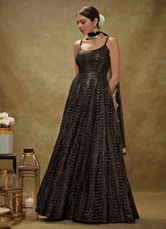 Black and Gold Sequin Embroidered Anarkali Gown Renee Label - Fabilicious Fashion Saree With Dupatta On Shoulder, Sangeet Saree, Sequin Anarkali, Threadwork Embroidery, Bridal Crop Top, Kurta Lehenga, Prince Coat, Waistcoat Woman, Embroidered Anarkali