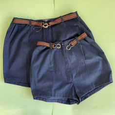 "Deadstock pair of shorts from the 60s in blue denim by \"Junco\" made in Spain  Two pairs available in size 34EU and size 38-40EU Both in great condition. Never used  \"Tripaca\" material. A type of polyester fiber. No stretch  They come with a cute elastic belt that's attached to the sides  Zip closure on the front.  Measurements lying flat size 34EU Waist: 31 cm  Hips: 42 cm  Length ( taken from sides): 29 cm" Retro Jean Shorts With Belt Loops, Retro High Waist Shorts With Belt Loops, Retro High-waisted Shorts With Belt Loops, Retro High Waist Jean Shorts With Belt Loops, Retro Shorts With Belt Loops, Vintage Summer Shorts With Belt Loops, Vintage Belt Loop Shorts For Summer, Vintage Shorts With Belt Loops, Vintage Short Bottoms With Belt Loops