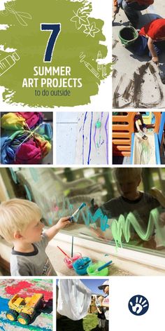 a collage of different pictures with the words 7 summer art projects to do outside