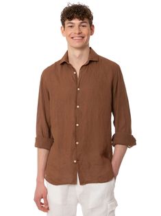 Man Pamplona shirtBrown solid colorComfortable sizeLong sleevesClassic necklineFront closureButtoned cuffsComposition: 100% Linen Formal Brown Button-up Shirt, Elegant Shirt With Roll-up Sleeves And Spread Collar, Brown Fitted Shirt With Casual Collar, Fitted Brown Shirt With Casual Collar, Fitted Brown Shirt For Semi-formal Occasions, Classic Brown Shirt With Casual Collar, Brown Button-up Formal Shirt, Brown Collared Blouse With Button Cuffs, Brown Spread Collar Tops For Work