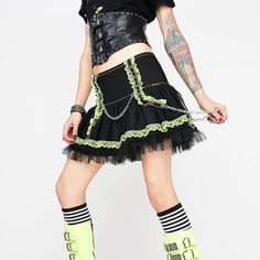 Nwt Tripp Nyc Skirt Fits Mid To High Rise Chains Are Removable Black With Neon Green Lace Details This Style Is Sold Out Online. Rock Style Skirt For Halloween Concert, Punk Mini Skirt For Streetwear, Punk Style Mini Skirt For Streetwear, Edgy Mini Skirt For Spring Cosplay, Rock Style Mini Skirt For Concert, Punk Streetwear Mini Skirt, Y2k Mini Skirt For Cosplay, Alternative Style Mini Skirt For Streetwear, Emo Style Fitted Mini Skirt For Party