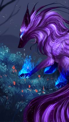 an illustration of a purple unicorn in the woods