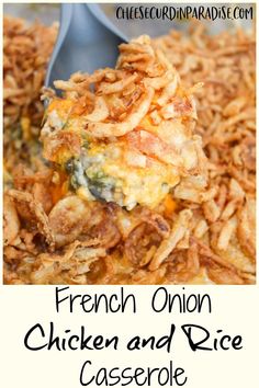 french onion chicken and rice casserole on a spoon with the title above it