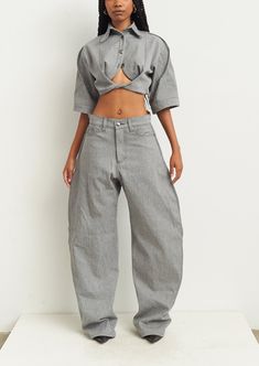 KADO CURVED DENIM PANTS Jeans Two Piece Outfit, Fashion Inspo Outfits Street Style, Cropped Denim Shirt, Oversize Pants, Female Shirts, Yellow Streetwear, Fit Female, Denim Street Style, Denim Set