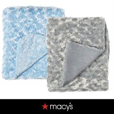 two blue and gray blankets are shown with the words macy's written on them