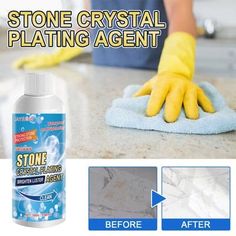 stone crystal plating agent with yellow gloves and blue towel on countertop next to cleaning products