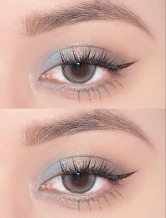 Neutral Blue Eye Makeup, Natural Light Blue Makeup, Light Blue Shadow Makeup, Highlight Corner Of Eyes, Blue Eyeshadow Asian Eyes, Blue Light Makeup Looks, Soft Blue Makeup For Brown Eyes, Cinderella Themed Makeup, Casual Blue Makeup