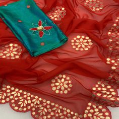 Red colored saree is made from georgette fabric which is highlighted with embroidered with gota patti work as shown on. comes along unstitched sequins embroidered art silk blouse piece which you can customise as per your design/style. Occasion - You can wear this saree for festive, party and functions. Note:- The actual product may differ slightly in color and design from the one illustrated in the images when compared with computer or mobile screen. Measurements: Saree : Georgette : 5.5 Mtrs Bl Red Chanderi Traditional Wear With Mirror Work, Red Resham Embroidery Blouse Piece In Georgette, Red Georgette Blouse With Resham Embroidery, Red Chanderi Lehenga With Mirror Work, Red Organza Blouse Piece For Eid, Red Organza Blouse For Eid, Red Georgette Blouse Piece For Celebration, Red Traditional Wear With Mirror Work For Diwali, Red Traditional Wear For Diwali With Mirror Work