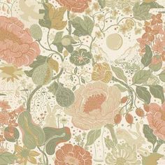 a flowery wallpaper with many different flowers and leaves on the side of it