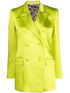 fluorescent yellow satin finish classic lapels double-breasted button fastening two side flap pockets long sleeves Wyatt Flores, Fluorescent Yellow, Satin Blazer, Yellow Satin, Cover Girl, Philipp Plein, Green Jacket, Work Outfits, Curator Style