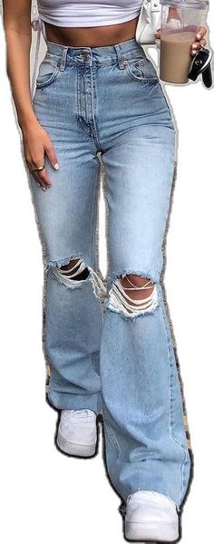 Trendy Ripped Mid-rise Flare Jeans, Trendy Mid-rise Ripped Flare Jeans, High Waist Ripped Light Wash Flare Jeans, High Rise Ripped Light Wash Flare Jeans, Casual Ripped Flare Jeans, Trendy Ripped Cutoff Jeans, Casual Ripped Non-stretch Flare Jeans, Casual Non-stretch Ripped Flare Jeans, Trendy Mid-rise Jeans With Holes