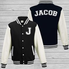 All our items are handmade and printed with love by me in the UK! ** DESCRIPTION ** Gorgeous varsity jacket in kids and unisex adult sizing personalised with your initial on the front and name on the back Please find the size guide below :) 3-4 Years - 1/2 Chest (39cm) / Body Length (44cm) / Sleeve Length (37cm) 5-6 Years - 1/2 Chest (41cm) / Body Length (48cm) / Sleeve Length (40cm) 7-8 Years - 1/2 Chest (43cm) / Body Length (52cm) / Sleeve Length (43cm) 9-11 Years - 1/2 Chest (46cm) / Body Len School White Cotton Varsity Jacket, White Cotton Varsity Jacket For School, White School Outerwear With Ribbed Cuffs, White Outerwear With Letter Patch For College, Casual White Varsity Jacket For School, White Cotton Varsity Jacket With Letter Print, White Outerwear With Ribbed Cuffs For School, Fall School Varsity Jacket With Letter Print, Fall Letter Print Varsity Jacket For School