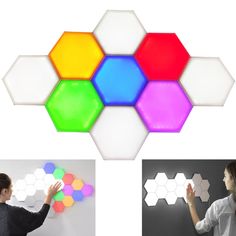 three different views of the same light fixture, one with hexagons on it