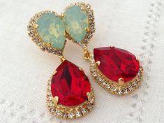 Mint red earrings,Chandelier earrings,Dangle earrings,Bridal crystal earrings,Drop earrings,Bridesma Red Jeweled Earrings For Wedding, Red Statement Earrings, Bridal Cuff, Mint Earrings, Crystal Bridal Earrings, Earrings Chandelier, Earrings Bridesmaid, Red Earrings, Swarovski Earrings