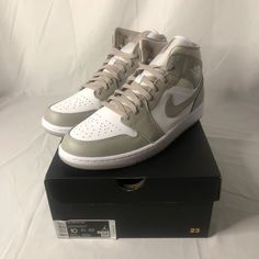 Air Jordan 1 Mid "Linen" Modern Mid-top Jordan Shoes With White Sole, Modern High-top Fade-resistant Basketball Shoes, Dior X Jordan, Air Jordan 1 Mid Linen, Jordan 1 Mid Linen, Grey Color Scheme, Air Jordan 1 Mid, Jordan 1 Mid, Michael Jordan