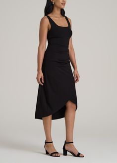 A Tall Women's Dress Made to Fit Enjoy Casual Elegance Discover the epitome of elegance with our Squareneck Ruched Jersey Dress for tall women. This mid-length dress features a flattering square neckline and ruched details, creating a sophisticated silhouette perfect for tall women. The stretch fabric ensures comfort and a flattering fit for dressier ocassions, making it one of the best tall dresses for women who love to mix elegance with simple styling.• Square neckline for sophisticated elegan Fitted Square Neck Dress With Ruched Sides, Midi Length Elastane Dress With Ruched Back, Stretch Elastane Midi Dress With Ruched Back, Elastane Midi Dress With Ruched Bodice For Night Out, Midi Dress With Ruched Bodice In Elastane, Sleeveless Elastane Midi Dress With Ruched Back, Elastane Midi Dress With Ruched Bodice, Stretch Square Neck Dress With Ruched Back, Black Ruched Back Dress In Elastane