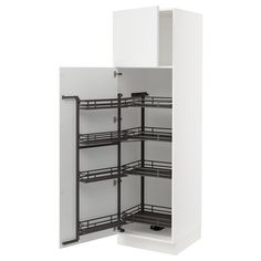 a white cabinet with black shelves and pull out baskets on the bottom, in front of a white background