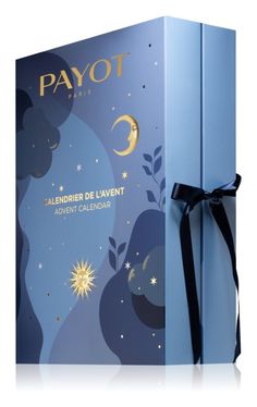 a blue box with a black ribbon around it and the words payot on it