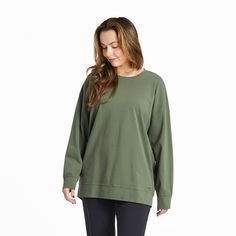 Be prepared to wear this one on repeat. It’s THAT comfy. With a roomy oversized fit and a super-soft feel, it’s the perfect sweatshirt for those days when you just want to lounge around the house or layer over a tee in cooler temps. And with extra coverage, it’s the perfect pairing with leggings or jeans. 92% USA Grown Cotton / 8% Spandex 7.08 oz. Mid-weight cotton/spandex jersey, garment washed for softness. Generous fit with great coverage. Self-fabric crew neck, cuffs, and banding at hem. Dro Oversized T-shirt With Ribbed Cuffs For Loungewear, Comfortable Long Sleeve T-shirt For Everyday, Oversized Tops With Ribbed Cuffs For Everyday, Oversized Comfy Tops In Solid Colors, Comfy Oversized Solid Color Tops, Comfy Long Sleeve Tops For Everyday, Oversized Comfortable Tops, Everyday Comfy Long Sleeve Tops, Oversized Basic Sweater For Everyday