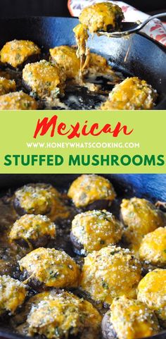 mexican stuffed mushrooms cooking in a skillet with the title text overlay reads, how to make stuffed mushrooms