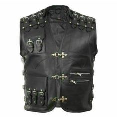 Men's Genuine Leather Heavy Buckled Rocker Motorcycle Biker Vest Waistcoat Punk Style Vest Outerwear For Fall, Punk Sleeveless Outerwear For Streetwear, Edgy Fitted Vest For Festivals, Gothic Outerwear With Rivets, Black Sleeveless Gothic Outerwear, Black Gothic Sleeveless Outerwear, Biker Style Vest For Biker Events, Biker Style Vest Outerwear For Biker Events, Black Punk Biker Jacket For Cosplay