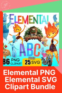 an advertisement for the elementary png element svg clipart bundle with cartoon characters