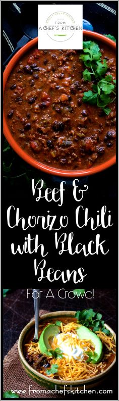 a bowl of chili with black beans and cheese