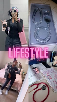 a collage of photos with the words life style in pink and black, including an image of a woman holding up her phone