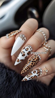 Leopard Nails Tutorial, White Winter Nails, Leopard Nail Designs, Leopard Print Nail, Cheetah Nail Designs, Animal Print Nails Art, Unghie Nail Art, Cheetah Nails