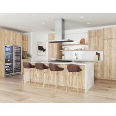 a kitchen with wooden cabinets and bar stools