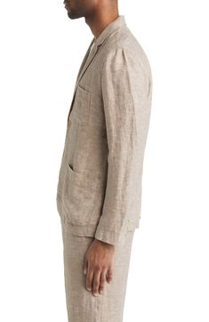 Lightweight and breathable linen twill is shaped into a timeless sport coat in an easily paired neutral hue. 28" length (size Medium) Notched lapels Exterior patch pockets; one interior pocket Unlined 100% linen Machine wash, tumble dry Imported Business Casual Linen Outerwear With Pockets, Linen Outerwear With Pockets For Business Casual, Business Casual Linen Outerwear With Patch Pockets, Linen Outerwear With Patch Pockets For Business Casual, Linen Outerwear With Button Closure For Business Casual, Timeless Linen Outerwear With Notch Lapel, Timeless Linen Notch Lapel Outerwear, Timeless Linen Outerwear With Pockets, Classic Linen Blazer With Pockets