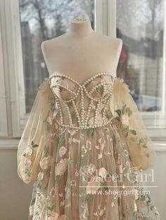 Garden Floral Lace Prom Gown Corset Bodice Formal Dress ARD2768-SheerGirl Lace Prom Gown, Beige Embroidery, Sweetheart Prom Dress, Long Sleeve Evening Dresses, Corset Lace, Formal Party Dress, Elegant Dresses For Women, Vestidos Prom, Long Train